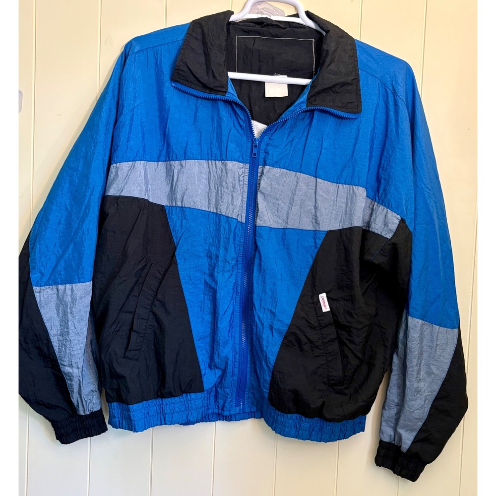 Vintage Campus Colorblock Windbreaker Jacket Mens Blue Black Grey Full Zip L